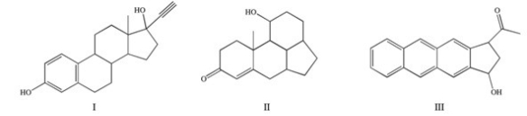 Testosterone,cholesterol,and progesterone are all classified as steroids because they contain the steroid nucleus.Which of the following compounds would also be classified as a steroid?   A) I only B) II only C) III only D) I and II E) I,II,and III