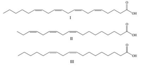 Which of the following fatty acids would be classified as an omega-6 fatty acid?   A) I B) II C) III D) I and III E) II and III