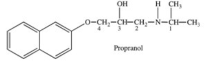 Propranol is a chiral compound that exists as a pair of enantiomers.One enantiomer is used to treat irregular heartbeats,and the other is used as a contraceptive.Which labeled carbon atom(s) is/are chiral?   A) C-1 B) C-2 C) C-3 D) C-4 E) C-1 and C-3