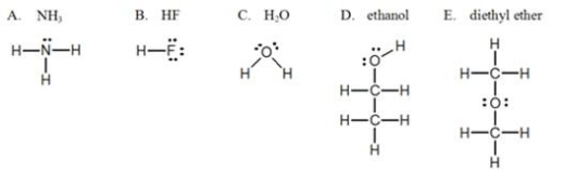 Which one of the following substances,with their structures shown,will NOT display hydrogen bonding?   A) A B) B C) C D) D E) E