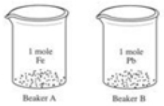 Consider the two beakers labeled A and B.Beaker A contains 1 mole of iron atoms,and Beaker B contains 1 mole of lead atoms.Which statement concerning these samples is known with certainty?   A) Beakers A and B contain an equal number of atoms. B) Beakers A and B contain equal masses of atoms. C) Beakers A and B contain an equal volume of atoms. D) Beakers A and B contain samples with the same density. E) None of these are correct.
