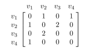  Consider the adjacency matrix for a graph that is shown below. Answer the following questions by examining the matrix and its powers only, not by drawing the graph. Show your work in a way that makes your reasoning clear.     (a) How many walks of length 2 are there from  v _ { 1 }  to  v _ { 2 }  ? (b) How many walks of length 2 are there from  v _ { 1 }  to  v _ { 3 }  ? (c) How many walks of length 2 are there from  v _ { 2 }  to  v _ { 2 }  ? 