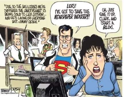   Credit:  Tribune Content Agency,LLC.All Rights Reserved.Reprinted with permission. -Which of the following accurately describes the cartoonist's message? A) Only a superhero can save the newspaper industry. B) Unemployment in the newspaper industry is skyrocketing.-Consider This: Unemployment has decreased as more newspapers shut down,but that is not the focus on this cartoon. C) The rise of the Internet led to the decline of the newspaper industry. D) Newspaper owners are evil.