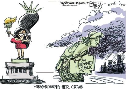   Credit: Pat Bagley/Salt Lake Tribune/Cagle Cartoons,Inc. -Which of the following describes the message of the cartoon? A) The Statue of Liberty is no longer the symbol of America. B) Americans get more information from their phones than from each other.- Consider This: The cartoonist is criticizing Americans' lack of information,regardless of the source. C) People are not as interested in politics as they used to be. D) The lack of an informed public endangers America's democracy.