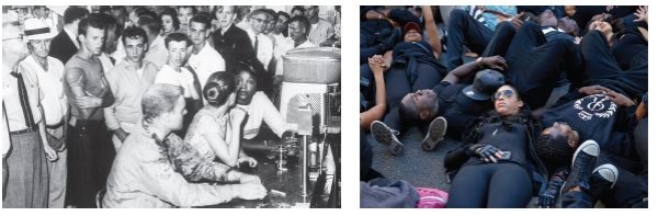   Credits: Bettmann/Getty Images (left) ; Patrick T.Fallon/Reuters (right)  -How do these photos exemplify unconventional political participation? A) people are at campaign rallies to support their candidate B) people are attempting to persuade others to vote -Consider This: Conventional participation includes many widely accepted methods of influencing outcomes in government. C) people are peacefully assembled to demand change D) people are engaged in acts of civil disobedience