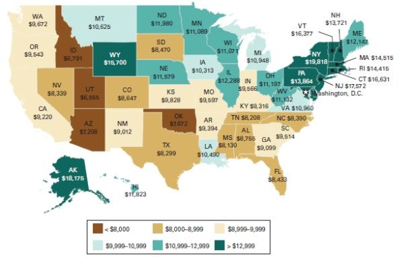State and local spending on public education.   Source: U.S.Department of Commerce,United States Census Bureau,Public Education Finances: 2013.The data are for 2013. -Based on the map,which region of the U.S.spends the most on public education? A) the West B) the Rockies-Consider This: States in the Rocky Mountain region spend less on education than most other areas of the country. C) the Northeast D) the South