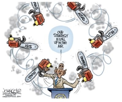    Credit: John Cole/Cagle Cartoons,Inc. -According to the cartoonist,who is the main force behind U.S.foreign policy? A) Congress B) the president C) the State Department -Consider This: State has an important role in foreign policy,but it is not the main force. D) the National Security Council