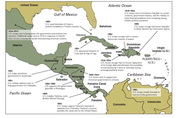 U.S.Military interventions in Central America and the Caribbean since 1900   -Which of the following most contributed to the events described on the map? A) the Truman Doctrine -Consider This: The Truman Doctrine specifically referred to U.S.aid to Greece and Turkey. B) the Marshall Plan C) the Monroe Doctrine D) isolationism