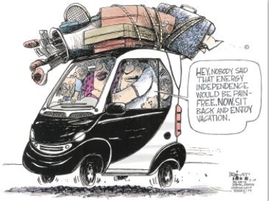    Credit: Chris Britt/Creators Syndicate -What is the cartoonist's main argument? A) Conserving energy is a simple task that anyone can undertake.-Consider This: The cartoonist indicates that conserving energy requires a significant change of lifestyle. B) It is impossible to effectively conserve energy in the 21<sup>st</sup> century. C) People need to make sacrifices to conserve energy. D) Energy conservation is unnecessary in the modern world.