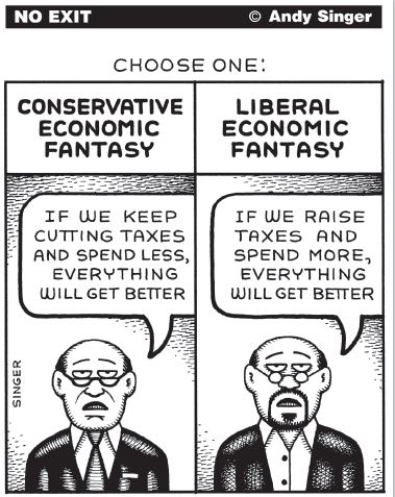    Credit: Andrew Singer,HYPERLINK  http://www.andysinger.com  www.andysinger.com -Which of these is most consistent with the  Liberal Economic Fantasy  in the cartoon? A) interest rate increases by the Federal Reserve Board B) congressional action to pay off some of its debt C) a decision by the Federal Reserve Board to increase the money supply -Consider This: The Federal Reserve Board engages in monetary policies by setting interest rates. D) increased spending by Congress for roads,bridges,and other infrastructure