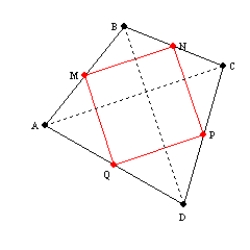   -In quadrilateral ABCD, the midpoints of the sides are joined in order. Use the auxiliary diagonals to explain why the resulting quadrilateral MNPQ must be a parallelogram.