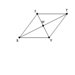   -Given the rhombus RSTV, diagonals   and   intersect at point W. Explain why it follows that   .