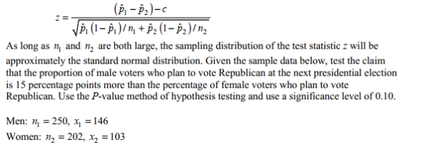 To test the null hypothesis that the difference between two population proportions is equal to a nonzero constant c, use the test statistic