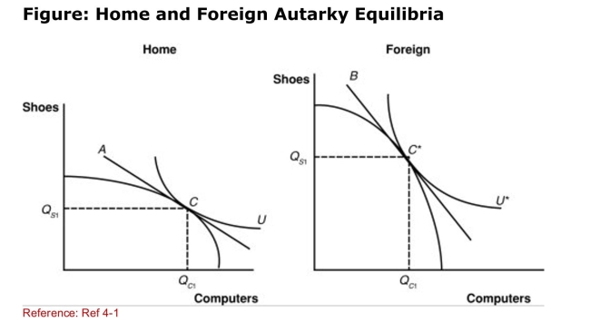 <strong> (Figure: Home and Foreign Autarky Equilibria) According to The shapes of the two PPFs, which nation has a comparative Advantage in the production of computers?</strong> A)Home B)Foreign C)neither Home nor Foreign D)There is not enough information to answer this question.
