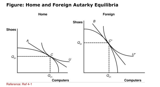 <strong> (Figure: Home and Foreign Autarky Equilibria) Which line in The graph represents Foreign's relative price of computers in Terms of shoes?</strong> A)A* B)B* C)C* D)U*