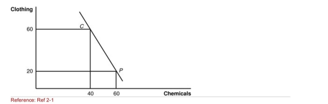 <strong>Figure: Home Production and Consumption (Figure: Home Production and Consumption) The figure gives Home's International trading pattern.Point P is production with trade, and point C is consumption with trade.Which product does Home export?</strong> A)clothing B)chemicals C)It exports neither chemicals nor clothing. D)It exports both chemicals and clothing.