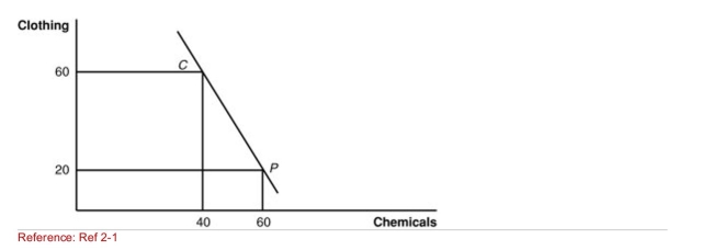<strong>Figure: Home Production and Consumption (Figure: Home Production and Consumption) The figure gives Home's International trading pattern.Point P is production with trade, and point C is consumption with trade.What is the international price of chemicals According to the figure?</strong> A)1/2 unit of clothing per unit of chemicals B)one unit of clothing per unit of chemicals C)two units of clothing per unit of chemicals D)three units of clothing per unit of chemicals