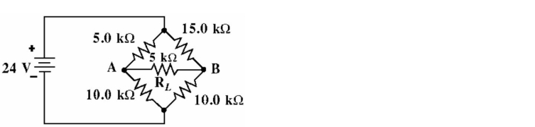   Figure 8-4 -Given the circuit in Figure 8-4, Thevenize the bridge circuit between points  A  and  B . Find the current flow through the load RL) . A)  0.69 mA B)  1.92 mA C)  3.2 mA D)  0.45 mA