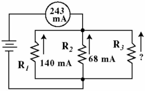  Figure 7-8 -Given the circuit in Figure 7-8, what current would flow if R2 were open? A)  175 mA B)  68 mA C)  208 mA D)  140 mA