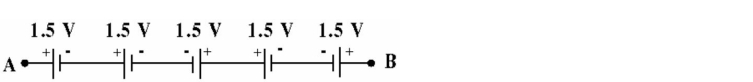   Figure 5-10 -Figure 5-10 shows 5 D-size batteries connected in a series circuit. What is the total voltage measured between points A and B? A)  4.5 V B)  3.0 V C)  7.5 V D)  1.5 V