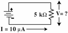   Figure 3-6 -Given the circuit in Figure 3-6, What is the voltage across the resistor? A)  50 mV B)  50 V C)  2.0 mV D)  2.0 V