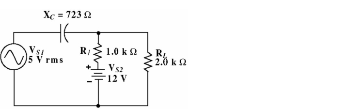   Figure 19-2 -Given the circuit in Figure 19-2, find the total current in the load RL) . A)  3.39 247° mA on a dc level of 8 mA B)  4 mA C)  1.69 247.3° mA D)  5.69 247° mA