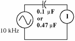    -If the capacitor in Figure 12-3 is 0.1 µF and it is replaced by a 0.47 µF capacitor, which value capacitor will cause the higher circuit current? A)  the 0.1 µF capacitor B)  the 0.47 µF capacitor