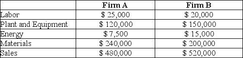 Use the following information to answer the question(s)  below. A company has gathered the following financial information for itself and a competing firm. The company wishes to compare productivity for the two firms:    -Calculate the total factor productivity for Firm B. A)  14.86 B)  1.35 C)  2.60 D)  34.67 E)  20.28
