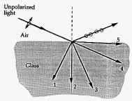   A ray of unpolarized light is incident on a glass block at an angle of incidence in such a way that the reflected ray is completely plane polarized. The ray that represents the refracted ray is A)  1. B)  2. C)  3. D)  4. E)  5.