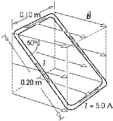  A rectangular loop of wire 0.10 m by 0.20 m)  carries a current of 5.0 A in a counterclockwise direction. The loop is oriented, as shown, in a uniform magnetic field of 1.5 T. The magnetic flux of B is A)  0.026 T · m<sup>2</sup>. B)  1.3 T · m<sup>2</sup>.<sup> </sup> C)  0.015 T · m<sup>2</sup>.<sup> </sup> D)  0.030 T · m<sup>2</sup>.<sup> </sup> E)  1.5 T · m<sup>2</sup>.