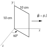   A uniform magnetic field of magnitude 0.5 T is parallel to the x-axis. A square coil of side 10 cm has 300 turns and makes an angle of 60 with the z-axis as shown. The total magnetic flux through the coil is approximately A)  0.14 Wb. B)  0.75 Wb. C)  1.5 Wb. D)  0.27 Wb. E)  0.56 Wb.