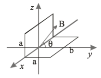   A rectangle is bent on two sides at 90º so that one end lies along the xy-plane while the other end lies along the xz-plane. The length a = 10 cm and b = 30 cm. At t = 0, a magnetic field of strength B = 0.1 T lies in the yz-plane and points at an angle Ɵ = 30 and 10 ms later the field points in the opposite direction. The EMF induced in the rectangle is A)  10.4 V. B)  6.0 V. C)  12 V. D)  8.2 V. E)  None of these is correct.