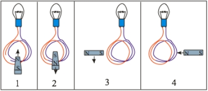   For which of the following diagrams)  will current flow through the lightbulb? A)  1 B)  2 C)  3 D)  4 E)  1 and 2