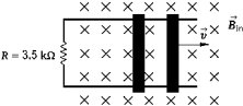   A wire rod rolls with a speed of 8.0 m/s on two metallic rails, 30 cm apart, that form a closed loop. A uniform magnetic field of magnitude 1.20 T is into the page. The magnitude and direction of the current induced in the resistor R are A)  0.82 A, clockwise. B)  0.82 A, counterclockwise. C)  1.2 A, clockwise. D)  1.2 A, counterclockwise. E)  2.9 A, counterclockwise.