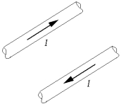   Two wires lying in the plane of this page carry equal currents in opposite directions, as shown. At a point midway between the wires, the magnetic field is A)  zero. B)  into the page. C)  out of the page. D)  toward the top or bottom of the page. E)  toward one of the two wires.