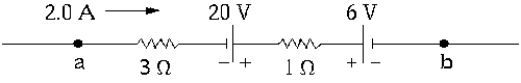   If a current of 2.0 A is flowing from point a to point b, the potential difference between the points is A)  6.0 V. B)  8.0 V. C)  14 V. D)  20 V. E)  22 V.