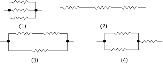   You want to use three resistors in a circuit. If each of them has a resistance of 3 Ω, the configuration that will give you an equivalent resistance of 1 Ω is A)  1. B)  2. C)  3. D)  4. E)  None of these is correct.