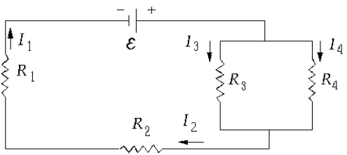   Which of the following relations among the quantities in the figure is generally correct? A)  I<sub>1</sub>R<sub>1</sub> = I<sub>2</sub>R<sub>2 </sub> B)  I<sub>3</sub>R<sub>3</sub> = I<sub>4</sub>R<sub>4</sub> C)  I<sub>1</sub>R<sub>1</sub> = I<sub>4</sub>R<sub>4 </sub> D)  I<sub>3</sub>R<sub>4</sub> = I<sub>4</sub>R<sub>3</sub> E)  I<sub>1</sub>R<sub>1</sub> + I<sub>2</sub>R<sub>2</sub> = ε