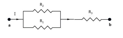   In the diagram above, the voltage difference between a and b is 6V. If R<sub>1</sub> = 25 Ω, R<sub>3</sub> = 45 Ω, and I = 0.095 A, then find R<sub>2</sub>. A)  55 Ω B)  45 Ω C)  78 Ω D)  66 Ω E)  83 Ω