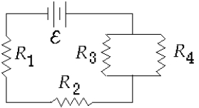   The circuit in the figure contains a battery with emf ε and four resistors connected as shown. Let the currents in these resistances be designated by I<sub>1</sub>, I<sub>2</sub>, I<sub>3</sub>, I<sub>4</sub>, respectively. Which of the following equations is correct? A)  I<sub>1</sub> = I<sub>2 </sub> B)  I<sub>2</sub> = I<sub>3</sub> C)  I<sub>3</sub> = I<sub>4 </sub> D)  I<sub>1</sub> = I<sub>4 </sub> E)  I<sub>1</sub> = I<sub>2</sub> + I<sub>3</sub>