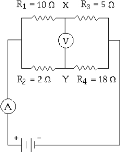   When the ammeter   , used to measure current, reads 7 A, the voltmeter   , used to measure potential difference between two points X and Y, reads A)  2.8 V with Y at the higher potential. B)  2.8 V with X at the higher potential. C)  34 V with Y at the higher potential. D)  34 V with X at the higher potential. E)  60 V with X at the higher potential.