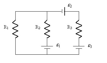  In the above circuit, ε<sub>1</sub> = 9 V, ε<sub>2</sub> = 6 V, and ε<sub>3</sub> = 6 V. Also R<sub>1</sub> = 25 Ω, R<sub>2</sub> = 125 Ω, and R<sub>3</sub> = 55 Ω. Find the current flowing through R<sub>1</sub>. A)  0.60 A B)  0.072 A C)  0.68 A D)  0.044 A E)  0.16 A