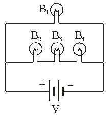   Four identical lightbulbs are connected to a power supply as shown. Which lightbulb consumes the most power? A)  B<sub>1</sub> B)  B<sub>2 </sub> C)  B<sub>3</sub> D)  B<sub>4 </sub> E)  B<sub>2</sub>, B<sub>3</sub>, and B<sub>4</sub>