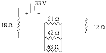   The power dissipated in the 21-Ω resistor in this circuit is A)  14 W. B)  68 W. C)  43 W. D)  13 W. E)  None of these is correct.