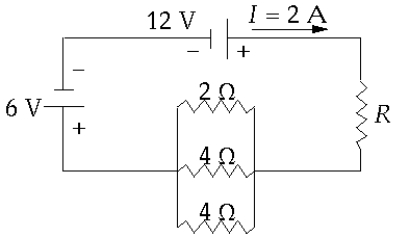   The power dissipated in the unknown resistor R)  is A)  4 W. B)  6 W. C)  8 W. D)  2 W. E)  10 W.