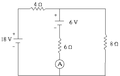   In this circuit, the batteries have negligible internal resistance and the ammeter A, used to measure current, has negligible resistance. The energy delivered by the 18-V battery in 4 s is approximately A)  30 J. B)  45 J. C)  72 J. D)  141 J. E)  163 J.