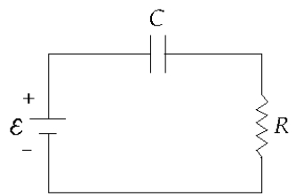   An uncharged capacitor and a resistor are connected in series to a battery at t = 0 s. If ε = 15 V, C = 20 μF, and R = 4.0 × 10<sup>5</sup> Ω, the maximum charge on the capacitor is approximately A)  0.075 mC. B)  0.90 mC. C)  0.60 mC. D)  0.15 mC. E)  0.30 mC.