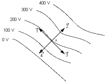   The vector that best represents the direction of the electric field intensity at point x on the 200-V equipotential line is A)  1. B)  2. C)  3. D)  4. E)  None of these is correct.