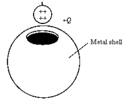  A metal ball of charge +Q is lowered into an insulated, uncharged metal shell and allowed to rest on the bottom of the shell. When the charges reach equilibrium, A)  the outside of the shell has a charge of -Q and the ball has a charge of +Q. B)  the outside of the shell has a charge of +Q and the ball has a charge of +Q. C)  the outside of the shell has a charge of zero and the ball has a charge of +Q. D)  the outside of the shell has a charge of +Q and the ball has zero charge. E)  the outside of the shell has a charge of +Q and the ball has a charge of -Q.