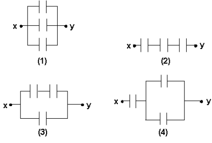   You want to use three capacitors in a circuit. If each capacitor has a capacitance of 2 pF, the configuration that gives you an equivalent capacitance of 3 pF between points x and y is A)  1) . B)  2) . C)  3)  D)  4) . E)  None of these is correct.
